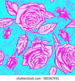 Vector roses neon floral pattern flowers graphic blue pink background. Silhouette floral pattern blossom roses and buds.