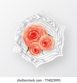 vector roses with paper snowflakes composition on white background. Romantic background . St. Valentine's Day, 8 march, Woman's day