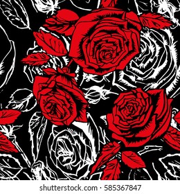 Vector roses red floral pattern flowers graphic black background. Silhouette floral pattern blossom roses and buds.