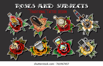 Vector Roses and Subjects Traditional Tattoo Design Set