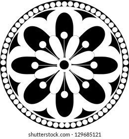 Vector rosette  with floral and geometrical ornament. Black and white illustration,