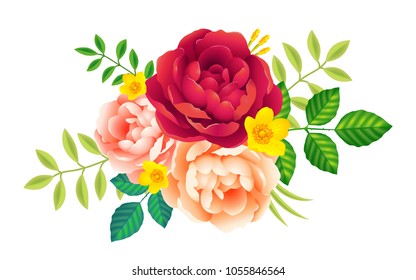 Vector rosette of flowers with peonies and green leaves isolated on white background, romantic greeting card decoration