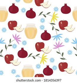 Vector of Rosh Hashanah background with honey,apples and pomegranate.Seamless pattern