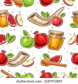 Vector Rosh Hashanah seamless pattern, square repeating background with set of cut out illustrations of still life compositions farm honey jar, fresh fruits, horn for rosh hashanah on white background