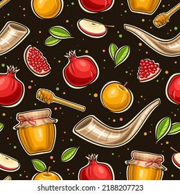 Vector Rosh Hashanah seamless pattern, square repeating background with set of cut out illustrations of pomegranate slice, farm honey jar, apple with leaf, horn for rosh hashanah on dark background