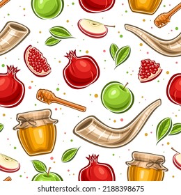 Vector Rosh Hashanah seamless pattern, square repeating background with set of cut out illustrations of pomegranate slice, farm honey jar, apple with leaf, horn for rosh hashanah on white background