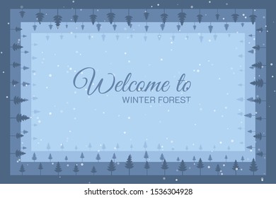 Vector rotatable illustration in simple minimalistic style. Kaleidoscopic concept. Flat trees. Winter framework. Layered frame with pine trees. Flat design.  Snowfall. Blue forest. Snowy weather