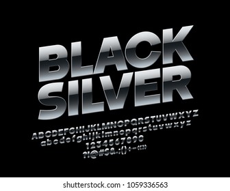 Vector Rotated Black Silver Font. Metallic Extra Alphabet Letters, Numbers And Symbols