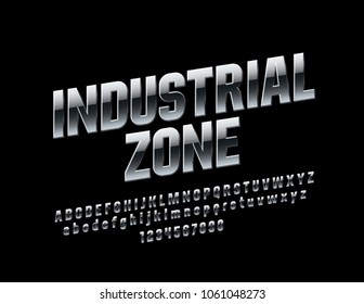 Vector Rotated Sign Industrial Zone. Reflective Metallic Font. Silver modern Alphabet Letters, Numbers and Symbols
