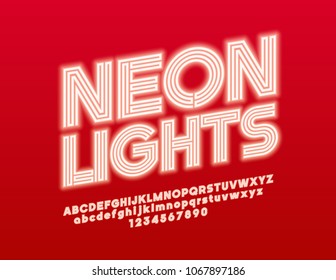 Vector rotated Sign Neon Lights. Red glowing Font. Abstract geometric Alphabet Letters and Numbers for Entertainment, Club and Show