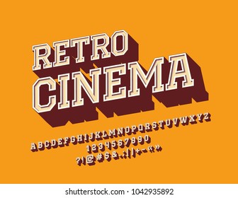 Vector rotated Sign Retro Cinema with stylish Font. Vintage 3D Alphabet Letters, Numbers and Symbols