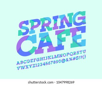 Vector rotated sliced bright logo Spring Cafe. Abstract colorful Font. Original Design Alphabet Letters, Numbers and Symbols
