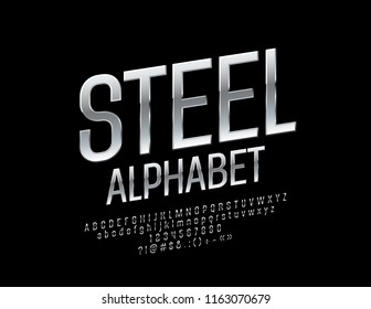Vector Rotated Steel Font. Set of Silver Alphabet Letters, Symbols and Numbers.