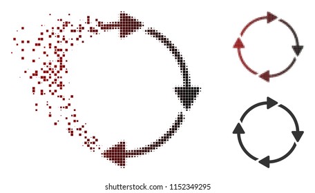 Vector rotation icon in sparkle, dotted halftone and undamaged entire variants. Disappearing effect uses rectangle dots and horizontal gradient from red to black.