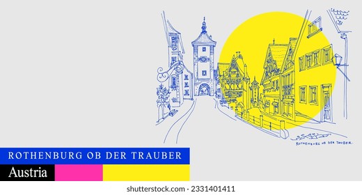 Vector Rothenburg ob der Tauber, Germany, Europe postcard. Illustration of old center. Medieval Siebers Tower historic gate, old houses. Bright vibran travel sketch. Modern hand drawn touristic banner