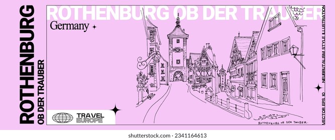 Vector Rothenburg ob der Tauber, Germany, Europe postcard. Medieval Siebers Tower historic gate, old houses. Travel sketch on pink background. Modern hand drawn touristic banner in neubrutalism style