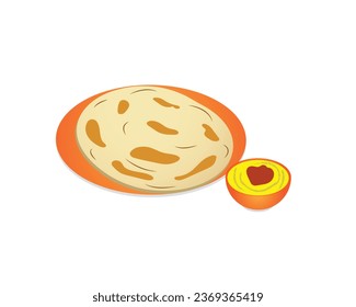 A vector of "roti canai" serve with dhal on white background.