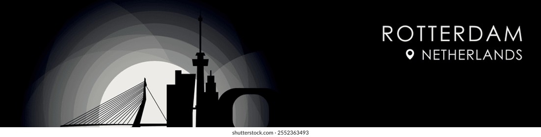 Vector Rotterdam, Netherlands cityscape banner. Black and white placard profile picture for header, footer