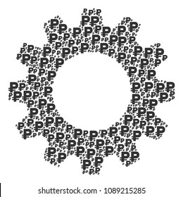 Vector rouble icons are grouped into gear wheel collage. Engineering design concept constructed with rouble components.