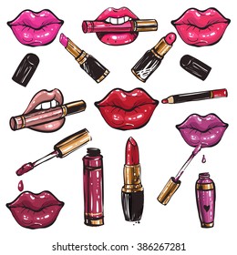 Vector rouge lips fashion sketch best lipstick color. Hand drawn glossy and shine apply lipstick pink mouth, paint red lips lipstick. Glamour fashion vogue style. Isolated elements on white background