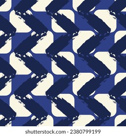 vector rough askew geometric lines brush stroke overlapped on white rounded square seamless pattern on blue.