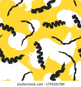 vector rough black zigzag lines and white freeform brush stroke overlappe seamless pattern on yellow