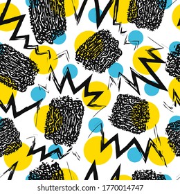 vector rough black zigzag and square brush stroke overlap with yellow and blue circle seamless pattern on white