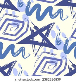 vector rough blue tone freeform geometric lines brush stroke overlapped seamless pattern on white.