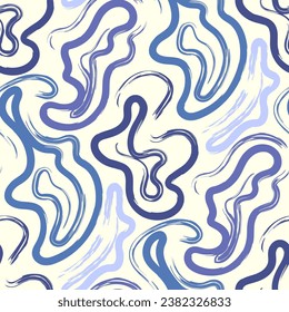 vector rough blue tone spiral lines brush stroke seamless pattern on white.