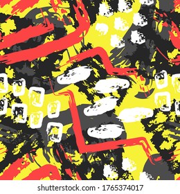 vector rough colorful freeform and lines brush overlap seamless pattern on yellow