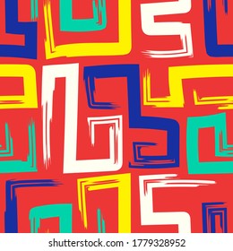 vector rough colorful lines brush stroke seamless pattern on red