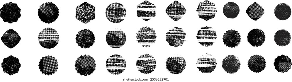 Vector rough edges badges set .Grunge set of textured black labels . Pack of vector stickers. Grunge circle stamps, insignias, labels, tags for your design. Grunge textured black vector rubber stamps