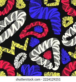 vector rough ethnic colorful freeform brush stroke lines seamless pattern on black