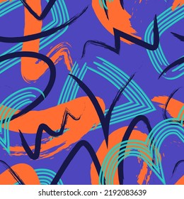 vector rough ethnic freeform brush stroke lines overlapped seamless pattern on blue
