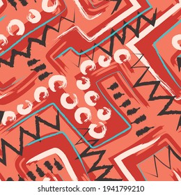 vector rough ethnic freeform geometric brush stroke overlapped seamless pattern on orange
