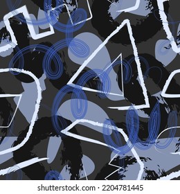vector rough ethnic freeform and geometric brush stroke lines overlapped seamless pattern on dark grey