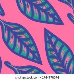 vector rough ethnic green leaves with blue border brush stroke lines seamless pattern on pink