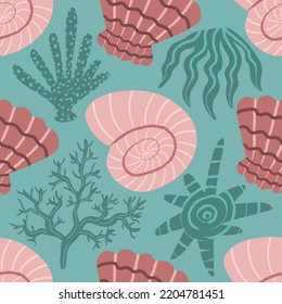 vector rough ethnic shellfish and coral brush stroke lines seamless pattern on green