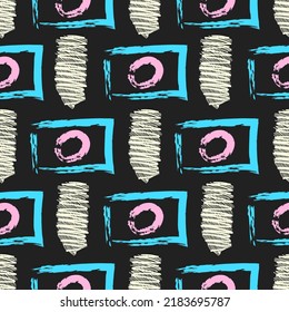 vector rough ethnic white zigzagl and blue rectangle pink circle brush stroke lines seamless pattern on black