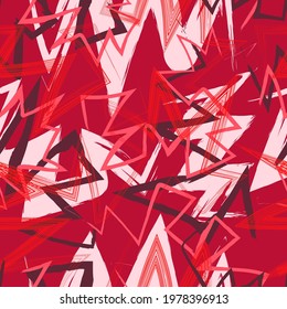 Vector Rough Ethnic Zigzag Brush Stroke Lines Overlapped Seamless Pattern On Red