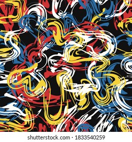 vector rough four color freeform lines brush stroke overlapped seamless pattern on black