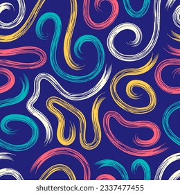 vector rough four color smooth swirl lines brush stroke seamless pattern on blue