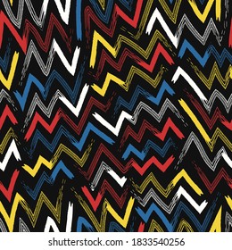 vector rough four color zigzag lines brush stroke seamless pattern on black