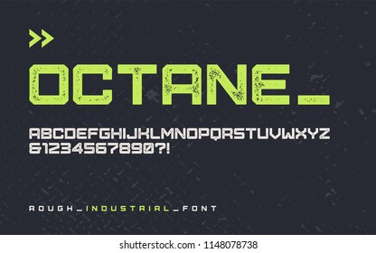 Vector Rough Industrial Style Display Font, Modern Blocky Typeface, Futuristic Uppercase Letters And Numbers, Alphabet. Global Swatches.