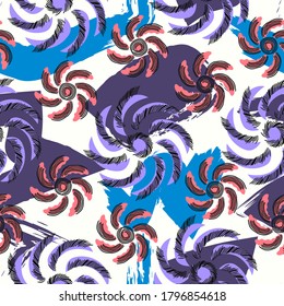 vector rough red and purple wheel and freefrom lines brush stroke overlapped seamless pattern on white