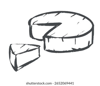 Vector rough sketch of cheese. White brie or camembert Italian, French soft cheese. Exquisite snack for wine. Cut piece and whole head of cheese. Imitation of quick drawing with ink and brush