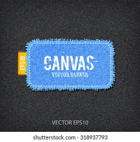 Vector rough stitched blue canvas rectangular banner with fringe and a tag