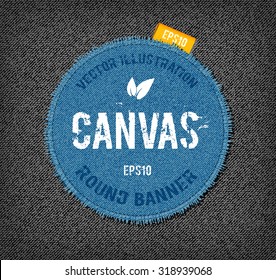 Vector rough stitched blue canvas round banner with fringe and a tag