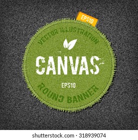 Vector rough stitched green canvas round banner with fringe and a tag