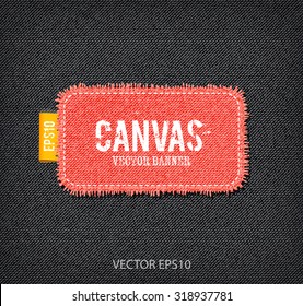 Vector rough stitched pink canvas rectangular banner with fringe and a tag